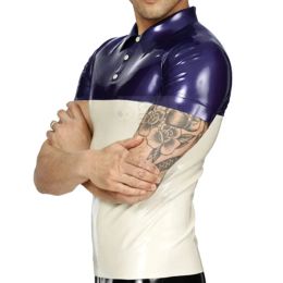 Purple And White Trims Sexy Latex Shirt Top With Turn Down Collar Buttons Rubber Clothing Plus Size