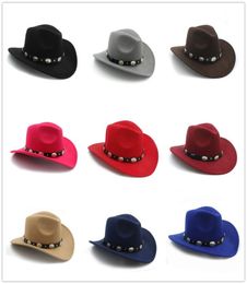 Faux Wool Felt Women Men Western Cowboy Hat With Wide Brim Punk Leather Belt Jazz Cap7576493