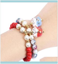 Beaded Bracelets Jewelrybeaded Strands Gift Obsidian Bracelet Lucky Cat Cute Women Natural Beads Ceramic Femela1 Drop Delivery 2023156542