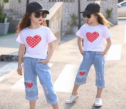 Girl Clothes Set Summer Clothes for Girl Short Sleeve Print Heart + Ripped Jeans Shorts Outfits Size 6 8 10 12 Years3469329