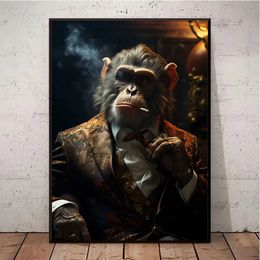 Vintage Steampunk Animal Monkey Smoke Portrait Posters and Prints Canvas Painting Wall Art Picture for Living Room Home Decor