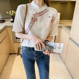 Fashion Button Embroidered Ethnic Style Shirt Short Sleeve Loose Cotton Linen Retro Top Traditional Chinese Clothing for Women 240412