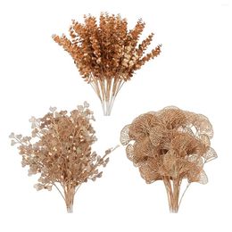 Decorative Flowers 6Pcs Golden Leaves Branches Ginkgo Eucalyptus Heart Shape Artificial Plants Gold Plastic Leaf Simulation Christmas