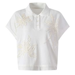 2024 Summer Women's New Polo Polo Collar Fashion White Beaded Sequin Embroidered Versatile Pullover Top T-Shirt