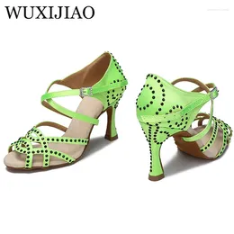 Dance Shoes WUXIJIAO Latin Women Fluorescent Green Satin Salsa Girls Ballroom Sports Sandals Rhinestone Heels