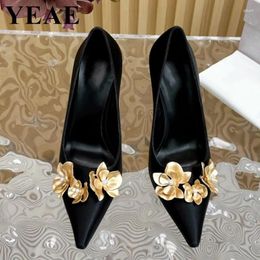 Dress Shoes 2024 Luxury Designer Gold Flower Women Pumps Fashion Silk Party Banquet Pointed Toe Stiletto High Heel