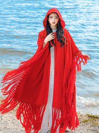Jastie Holiday Casual Thick Winter Cape Lace-up Neck With Hat Tassel Hem Bohemian Cardigan Women Loose Poncho Coats