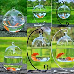 Round/Rectangle Shape Hanging Glass Aquarium Fish Tank Fish Bowl Transparent Vase Ornament With Rack Holder Home Decoration