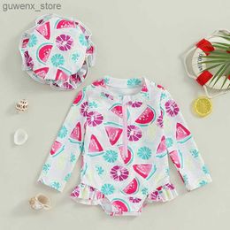 One-Pieces Toddler Girls Rash Guard Swimsuit Rompers Long Sleeve Watermelon Print Baby Ruffles Bathing Suit Swimwear with Swim Cap Y240412