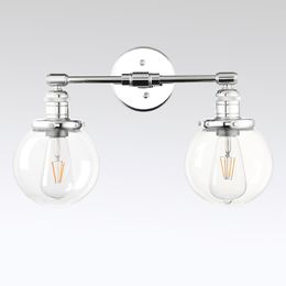 Phansthy Double Sconce Vintage Industrial 2-Light Wall Light with 5.9 Inches Clear Glass Canopy(Chrome)