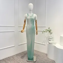 Casual Dresses 2024 High Quality Light Green Shining Crystal-studded Mesh Bodycon Sleeveless Diamonds Long Dress For Fashion Women