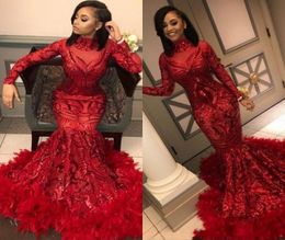 Red Mermaid Prom Dresses 2020 Vintage Feather Long Sleeve Floor Length Sequined High Neck African Formal Evening Dress Party Gowns6814786