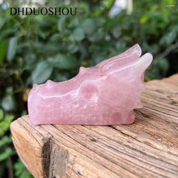 Decorative Figurines Customized Pink Rose Quartz Dragon Head Skulls Carved Real Stone Crystal Meditation Reiki Spiritual Healing Home Decor