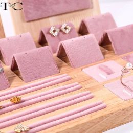 New Solid Wood Pink Velvet Jewelry Display Stand Ring Earrings Bracelet Necklace Watch Pendant Storage Display Stand