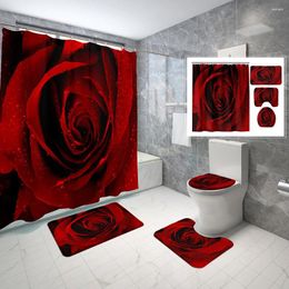 Shower Curtains Romantic Red Rose Curtain Set With Hooks Waterproof Bathroom Rug Toilet Seat Cover Bath Non-Slip Mat Carpet Deco