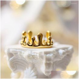 Cluster Rings Cxsjeremy Soild 18K Yellow Gold Irregar Fire Metal Ring For Women Fashion Cool Charms Flame Crown Open Band Au750 Fine D Dhhyq