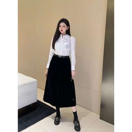 Two Piece Dress Chaopai Autumn/winter Black Velvet Half Skirt with Belt, Classic Versatile Stylish High Waist