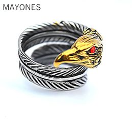 Vintage Opening Gold Colour Eagle Head Feather Ring For Men Women Steampunk Retro 925 Sterling Silver Animal Jewelry240412