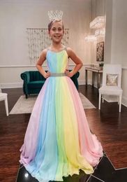 Rainbow Chiffon Little Girl Pageant Dresses 2022 StrapsNeck Girls Prom Gowns Zipper V Back Sleeveless ALine Long Kids Formal Par2809582