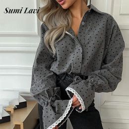 Women's Blouses Autumn Street Collar Flared Sleeve Loose Cardigan Top Trendy Love Printed Women Shirt Casual Button Lace Patchwork Ins