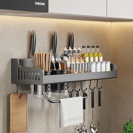 40/50CM Double-Layer Kitchen Shelf Wall-mounted Spice Storage Racks Punch-free Kitchen Knife Holder Seasoning Shelf Organiser