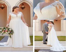 Plus Size A Line Wedding Dresses V Neck Appliques Lace Wedding Gowns Illusion Long Sleeve Boho Bridal Dress vestido noiva7067581