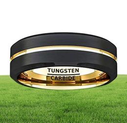 Fashion 8mm Black Tungsten Carbide Ring Gold Groove Matte Brushed Surface Bevelled Edge Mens Wedding Band Comfort Fit3217215