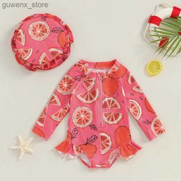 Enstycken 6m-3t baby flicka jumpsuit blommig och frukttryck långärmad huva bikini sommar ny strand badar nyfödd baddräkt y240412