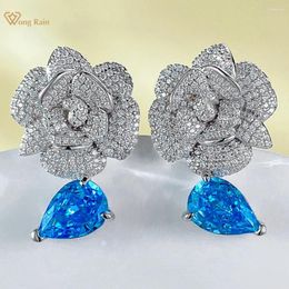 Dangle Earrings Wong Rain Luxury 925 Sterling Silver 7 10 MM Pear Cut Aquamarine High Carbon Diamond Gemstone Flower Drop Jewelry