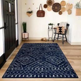 Living Room Carpet Persian Geometric Pattern Bedroom Dark Blue Rug Bohemia Soft Shaggy Floor Mats Machine Washable Area Rugs