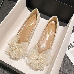 Dress Shoes 2024 Women 3cm Medium Heels Lace Square Toe Lady Sweet Pearl Butterfly Knots High Pumps Female Luxury Apricot