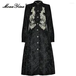 Casual Dresses MoaaYina Autumn Fashion Designer Black Luxury Jacquard Dress Women's Stand Collar Diamond Beading Sequins Button Slim Long