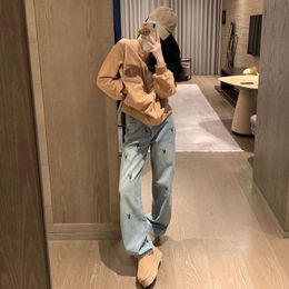 Basic & Casual Dresses American Design with Brushed Embroidery Denim Wide Leg Pants for Women's Winter 2023, Versatile Straight Trend