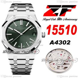 ZF 1551 50th Anniversary A4302 Automatic Mens Watch 41mm Ultra-thin 10 5mm Green Textured Dial Stick Stainless Steel Bracelet Supe242T