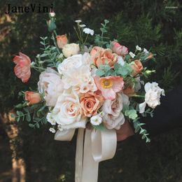 Wedding Flowers JaneVini Elegant Spring Bouquets Handmade Champagne Silk Roses Bridal Bridesmaid Fake Flower Bouquet Accessories