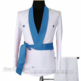 G&N 2023 New Designed Wedding Groom Tuxedos White Blazer Pants with Colourful Belt Burgundy Black Silver Casual Party Men Suits