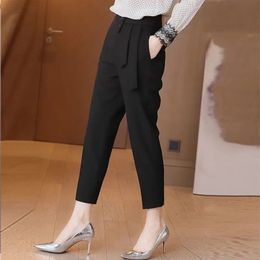 Womens Clothing Button Spliced Casual Straight Pants Autumn Office Lady Solid Color High Waist Allmatch Cropped 240412