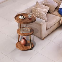 Nordic Three-layer Solid Wood Coffee Table Living Room Light Luxury Sofa Small Side Table Round Desktop Storage Removable Metal