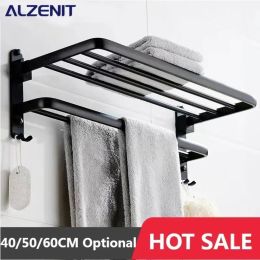 40/50/60CM Double Layer Towel Rack Black Folding Wall Mounted Bracket Aluminium Shower Rack Bathroom Accessories Holder