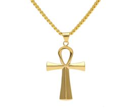 NEW Stainless Steel Ankh Necklace Egyptian Jewelry Hip Hop Pendant Iced Out Gold Key To Life Egypt Necklace 24" Chain1443327
