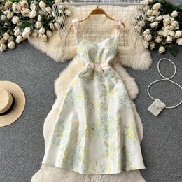 Casual Dresses French Style Printing Suspender Small Evening Gown Women V-Neck Bow Exquisite Birthday Simple Elegant Date Dress