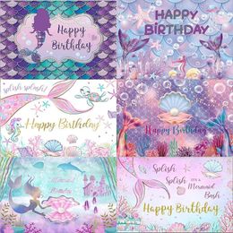 Party Supplies Merma Theme Happy Birthday Wall Princess Backdrop Pography Banner Custom Decoration Girl Under The Sea Pearl Background