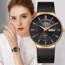 Wristwatches LIGE Women Watches Ultra-thin Calendar Week Quartz Watch Ladies Mesh Stainless Steel Waterproof Gift Reloj Muje