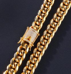 18k Gold Plated Tone Stainless Steel Mens Necklace Chains Curb Cuban Link Chain with Diamond Iced Out Keylock Buckle Hip Hop Fashi9527409