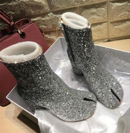 Genuine Leather Round Split Toe Elastic Ankle Boots Bling Laser Sequined Party Tabi Boots High Heel Women Shoes1849980