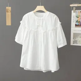 Women's Blouses Cotton Shirts For Women Vintage Short Sleeve O-neck Casual Summer Thin Single Breasted Korean Style One-piece Blouse Tops