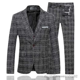 Men's Suits Blazers 2023 Fashion New Mens Boutique Business Plaid Slim Suit Trousers 3 Pcs Set / Male Linen Striped Dress Blazers Jacket Pants Vest