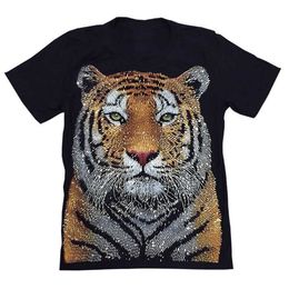 Finch Double Mercerized Cotton Tee 3d Printing Bling Tiger Graphic Rhinestone Tshirt for Mens