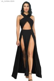 Basic Casual Dresses Sexy Cross Strap Off Shoulder Solid Colour Split Black Long Dress 2020 Summer Women Asymmetrical Party Club Dress Plus Size M-3XL T240412