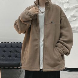 Kpop Fleece Jacket for Men Women 2023 Autumn Winter Streetwear American Loose Casual Standing Collar Zipper Letter Coat